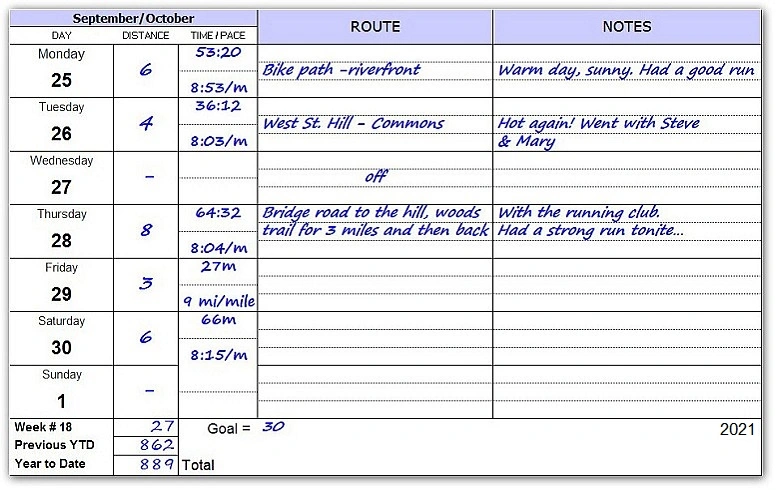 Running Log Sample Page