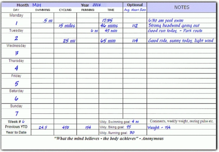 triathlon log inside page sample